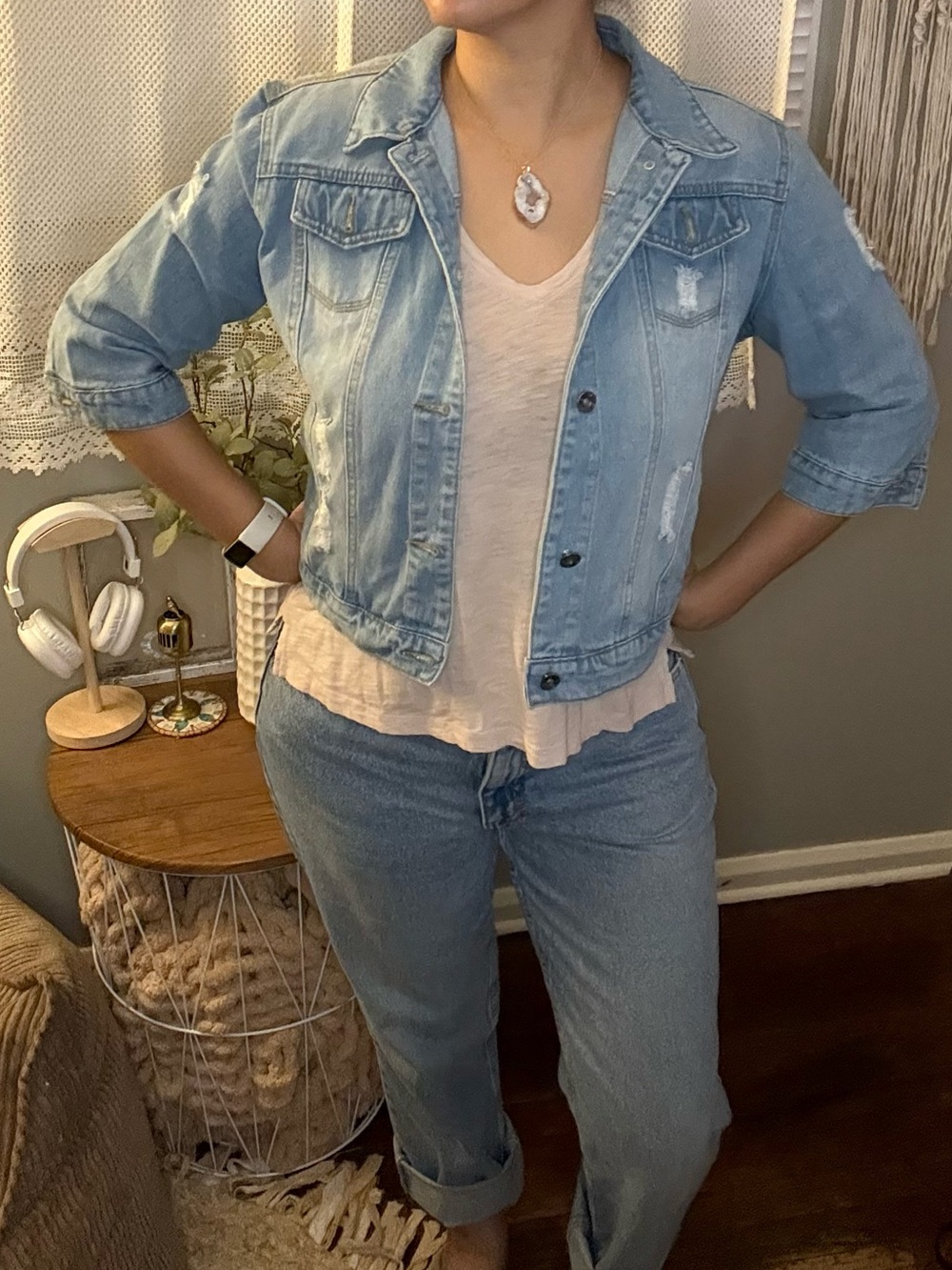 Blue Cropped Jean Jacket with Distressed Details